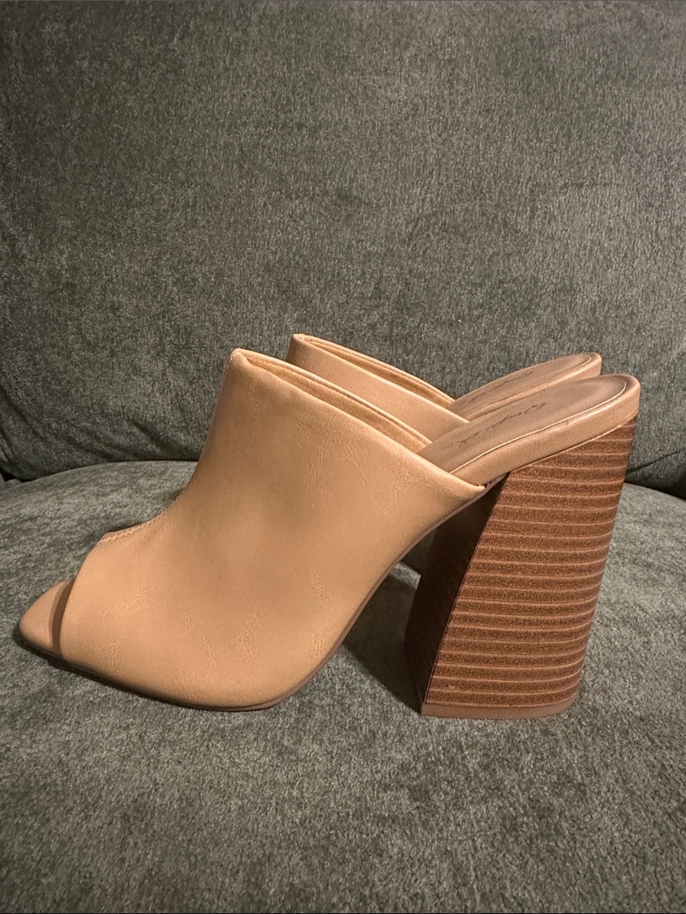 Qupid Tan Peep-Toe Block Heel Mules - Picture 3 of 9